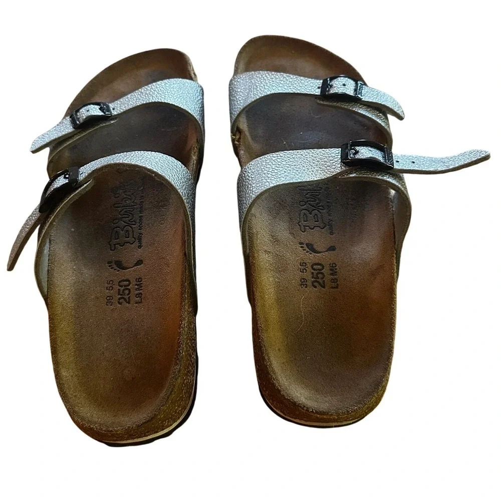 Birkis by Birkenstock Sydney Metallic Silver Buckle Slide‎ Sandals EU 39 US 8